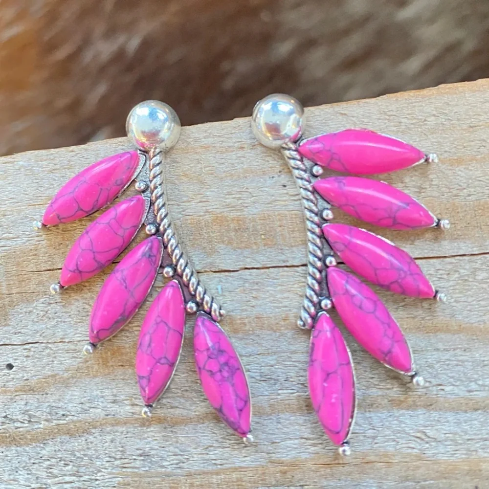 3/$22🩶 Western Pink Stone Feather Silver Stud Earrings Southwestern Cowgirl NEW
